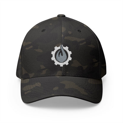 Fireball Gear - Brand Logo - Flame & Gear - Gray & White - FlexFit Cap